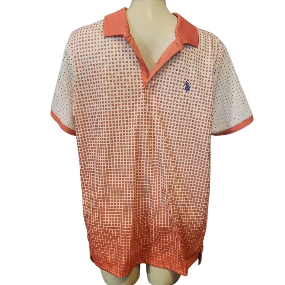 Men's U.S. Polo Assn. Orange Checkered Polo Golf Shirt Size Large